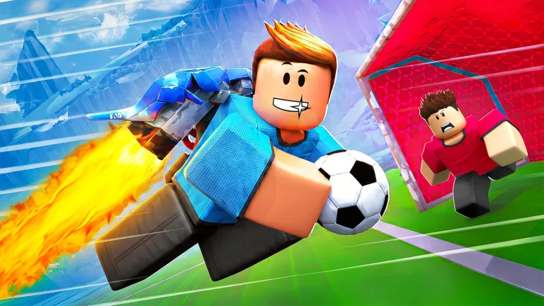 Official art of a blue Roblox player flying with a flaming jetpack and a soccer ball toward a red goal, with a red player chasing.